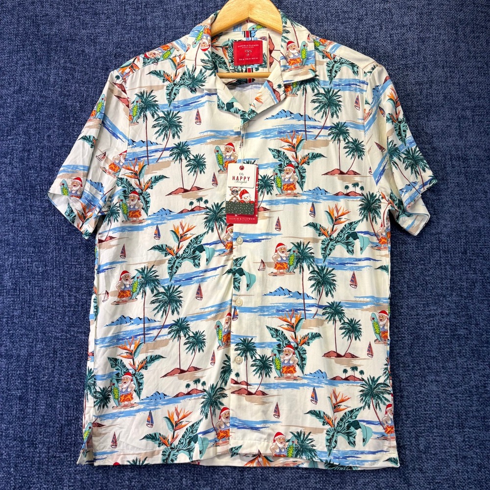 Denim & Flower Christmas Shirt Mens M White Viscose Regular Surfing Santa Camp
